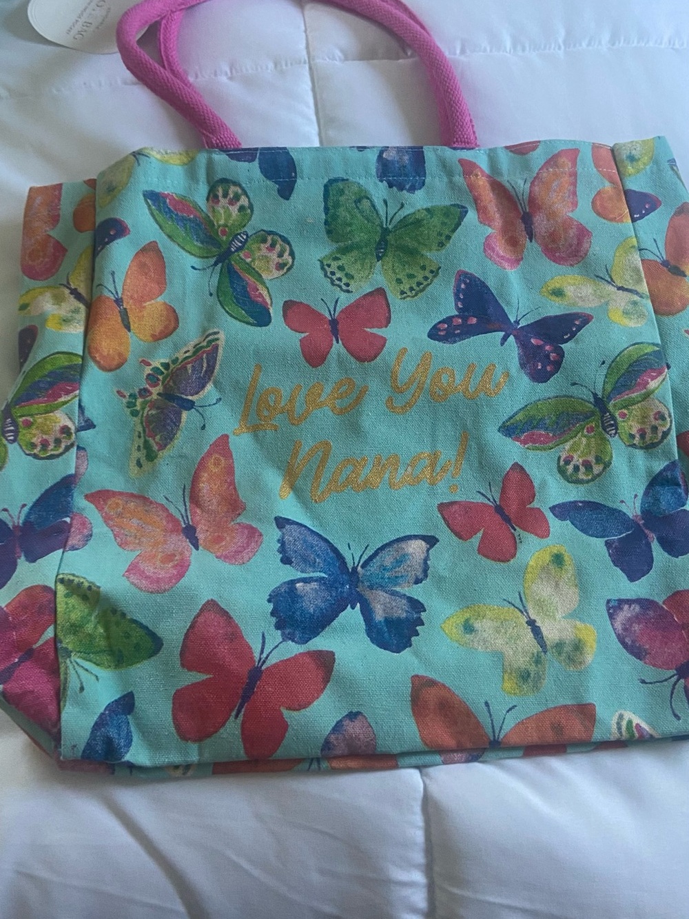 Love you nana Colorful Butterfly Print Tote Bag with Pink Handles